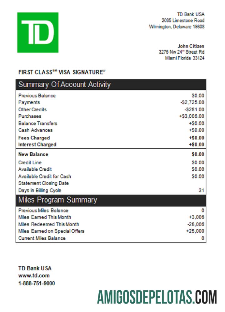 Exemplo de cartão de crédito do USA TD Bank St